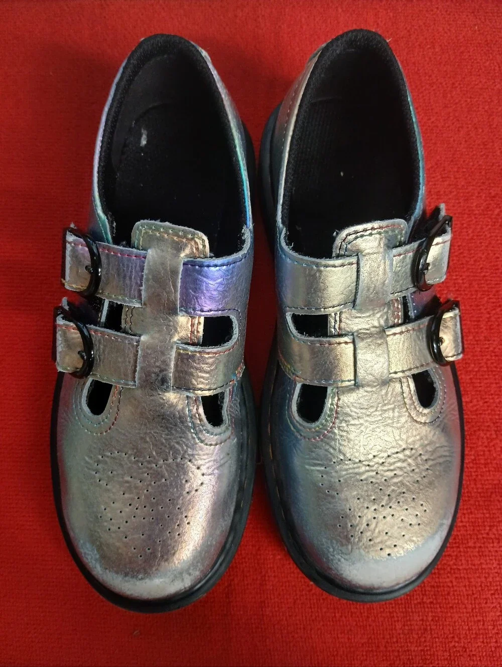 Dr. Martens Kids Iridescent Silver Double-Strap Mary Jane Shoes